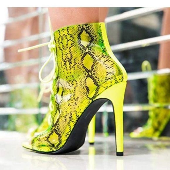 Lime Snake Transparent Lace Up Pep Toe Booties - Picture 8 of 9
